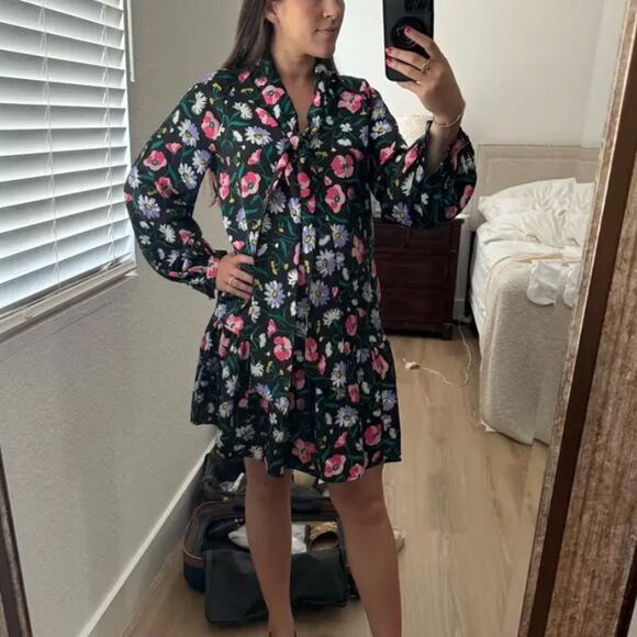 Kate Spade Black Floral Babydoll Mini Dress MEDIUM Bow Work Preppy Designer $300 - Picture 6 of 12